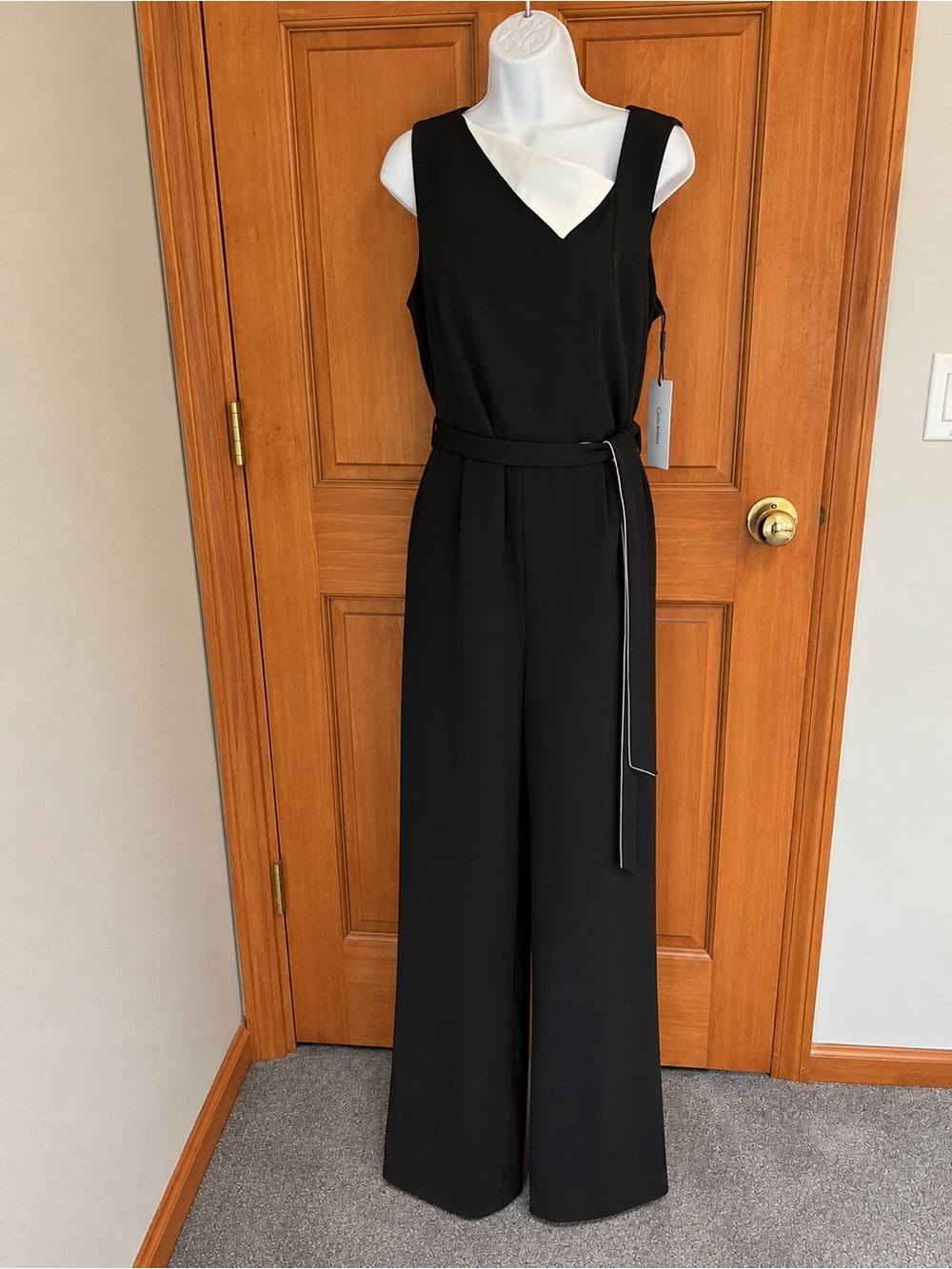 Calvin Klein Black Sleeveless Wide-Leg Jumpsuit with White Accent